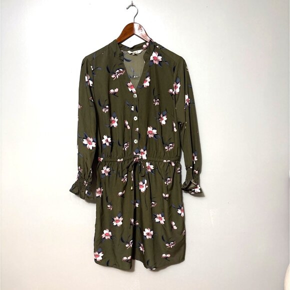 Indulge Style Dresses & Skirts - Green Floral Button-Down Dress With Long Sleeves & Elastic Waist 1X Indulge Styl
